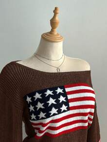 Flirla Women's Casual National Flag Pattern Jacquard Knit Sweater, Autumn/Winter - Coffee Brown - View 4