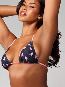 Missguided x Playboy Pink Ribbon Print Triangle Bikini Set With Spaghetti Straps And Tie Side Bottom Two Piece Swimwear - Multicolor - View 6