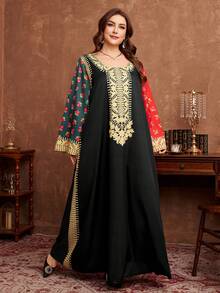 Al Najma 宽松长袖优雅传统粉笔印花图案长款连衣裙，适合春秋季穿着，大码尺码 - 彩色 - 查看 5