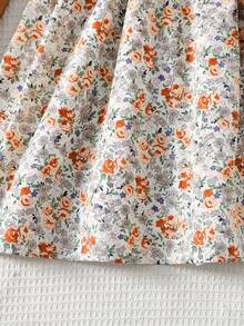 SHEIN Sukienka dla nastoletnich dziewcząt w stylu vintage, z dzianiny patchworkowej z kwiatowym wzorem i okrągłym dekoltem, z długim rękawem, odpowiednia na jesień i zimę - Morela - Zobacz 4