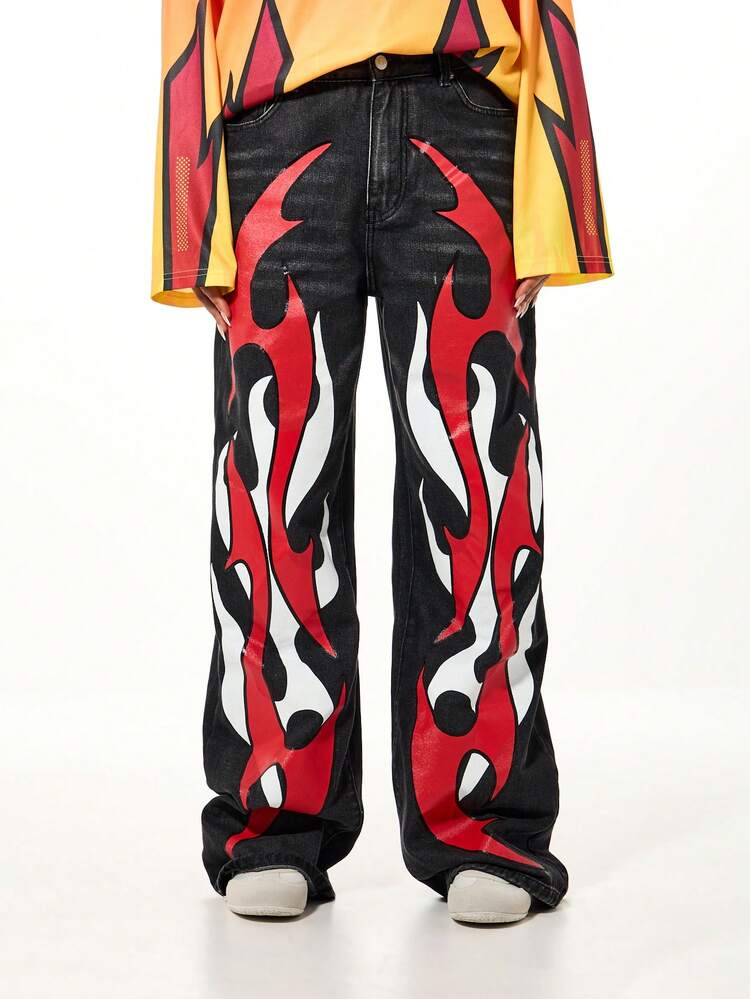 SUMWON Oversized Flame Print High Rise Wide Leg Denim Jeans With Distressed Details
