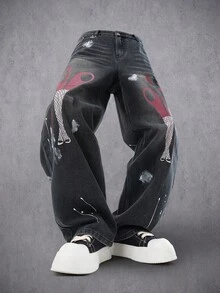 Manfinity Denimwave 街头风剪刀腿印花泼墨手绘小众设计水洗宽松阔腿牛仔裤 - 黑色 - 查看 3