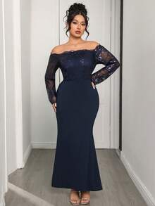 Modelyn Vestido longo de manga comprida, ombros à mostra, elegante, com glitter e lantejoulas, justo ao corpo, para mulheres plus size, adequado para uso em festas, passeios e reuniões familiares - Azul - Visão 7
