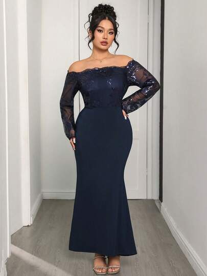 Modelyn Plus Size Women's Sexy Party Curve-Hugging Glitter Sequin Off-Shoulder Elegant Bodycon Long Sleeve Dress, Suitable For Commute, Family Gathering