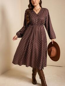 Comfylo 大码秋装女式豹纹 V 领长袖优雅开衩下摆连衣裙，秋冬/感恩节女装/万圣节服装/长款女装/秋装曲线感恩节装节日装节日派对连衣裙加大码 - 棕色 - 查看 5