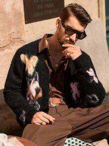 AKNOTIC Business Casual Men's Casual Butterfly Jacquard Drop Shoulder Long Sleeve Knitted Cardigan, Autumn/Winter, Grunge Style, Christmas - Black - View 7