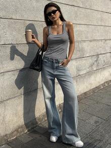 DAZY 女士撞色条纹无袖背心 Y2k - 黑與白 - 查看 8