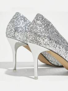 CUCCOO TILAWA Damen Spitze Glitzer Glamour High Heels für Partyanlässe - Silber - Übersicht 5
