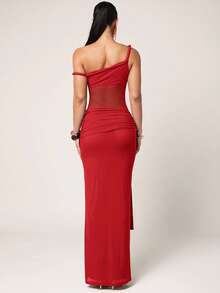 Silquee 女士纯色腰部打结设计优雅收腰连衣裙，适合宴会和派对穿着 - 紅色 - 查看 2