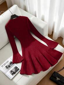 Franclia Neues Herbst/Winter sexy anliegendes Rundausschnitt Trompetenärmel elegantes lässiges Strickkleid für Frauen - Rot - Übersicht 2