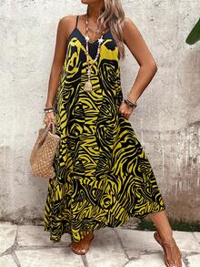 Breezaya Plus Size Women's Vintage Bohemian Style Yellow & Black Abstract Print V-Neck Maxi Dress, Loose Fit Beach & Casual Wear Summer New Arrival Casual Maxi Dress Maxi Dress Women Yellow Sundress Women Yellow Maxi Dress Maxi Vacation Dress - Multicolor - View 5
