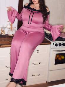 SHEIN Plus Size Valentine's Day Cute Y2K Contrast Lace Trim Off-Shoulder Camisole & Long Pants Pajama Set - Red Violet - View 1