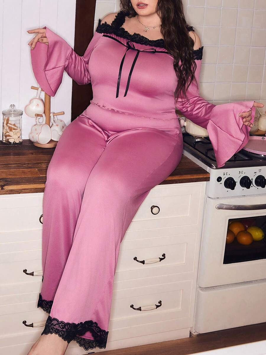 SHEIN Plus Size Valentine's Day Cute Y2K Contrast Lace Trim Off-Shoulder Camisole & Long Pants Pajama Set - Red Violet - View 1