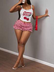 Slaydiva 2025 新款夏季性感可爱樱桃字母印花蕾丝吊带背心和红色格子荷叶边短裤，两件套，适合音乐节和购物