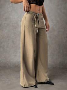 SHEIN PETITE 女士纯色日常百搭通勤休闲裤，腰部饰有孔眼装饰系带阔腿宽松休闲裤 - 咖啡棕 - 查看 6