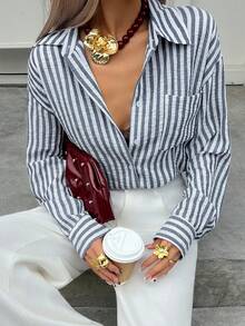 Livesso Loose Textured Pleated Striped Blue Long Sleeve Blouse, Casual Business Office Wear, Suitable For Autumn, Spring, Summer - Blue - View 6