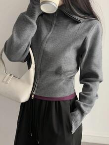 DAZY 女士短款拉链长袖连帽卫衣 - 灰色 - 查看 4