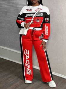 Slaydiva Conjunto de 2 piezas de estilo callejero talla grande, sudadera y pantalones con estampado de carreras, conjunto de estilo universitario para otoño/invierno - Multicolor - Ver 6