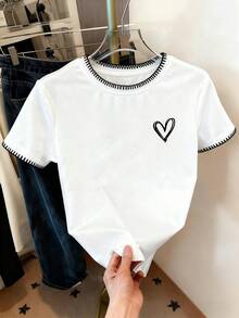 Resyla Women's Round Neck Heart Print Casual Versatile Daily Commute Short Sleeve T-Shirt - White - View 3