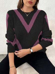 EMERY ROSE 大码女式休闲时尚修身圆领长袖提花针织套头毛衣，秋冬款 - 中紫紅色 - 查看 1