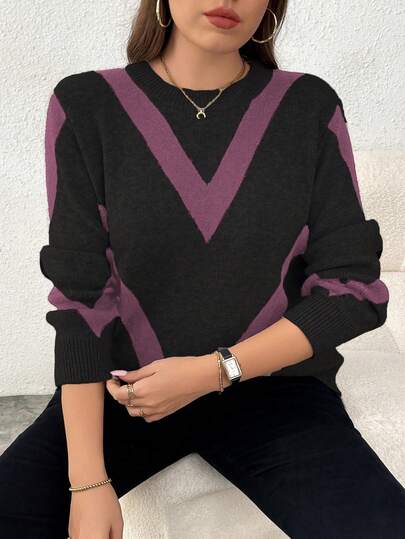 EMERY ROSE Maglione oversize da donna casual e alla moda, collo tondo, maniche lunghe, lavorazione jacquard, maglia, adatto per autunno/inverno