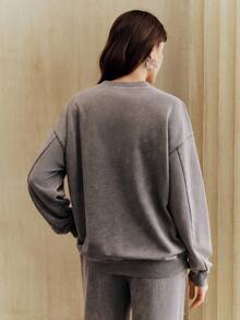 Anewsta Áo nỉ dáng rộng đính đá thủ công đa năng thời trang dành cho nữ - Màu xám đen - Xem 7