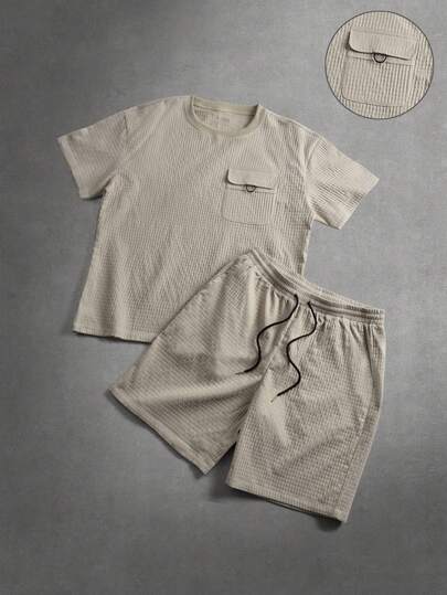 STYNVO 男士休闲日常T恤短裤夏季套装 卡其色