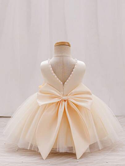 SHEIN Glamorique Kids Baby Girl Christmas Princess Dress, Dance Party Formal Dress, Flower Dress For Party&Wedding, Pink Tulle Puff Skirt, White Beaded V-Back Big Bow Princess Formal Dress Baby Purple Dress