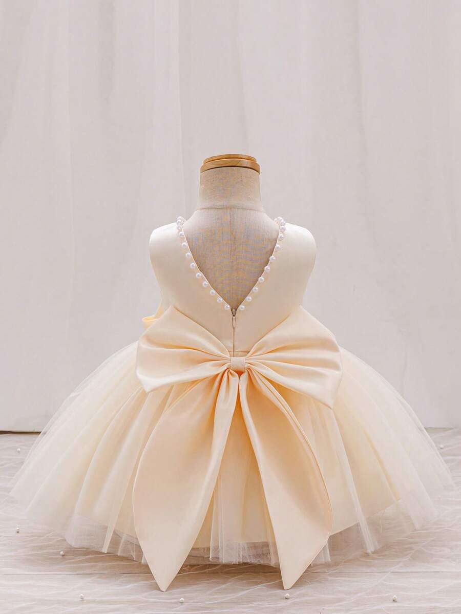 SHEIN Glamorique Kids Baby Girl Christmas Princess Dress, Dance Party Formal Dress, Flower Dress For Party&Wedding, Pink Tulle Puff Skirt, White Beaded V-Back Big Bow Princess Formal Dress Baby Purple Dress