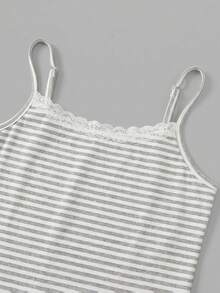 SHEIN Girlism Tween Girl Casual Homewear Fitted Lace Trim Camisole And Wide Leg Striped Knit Pants Set, Heather Gray - Grey - View 5