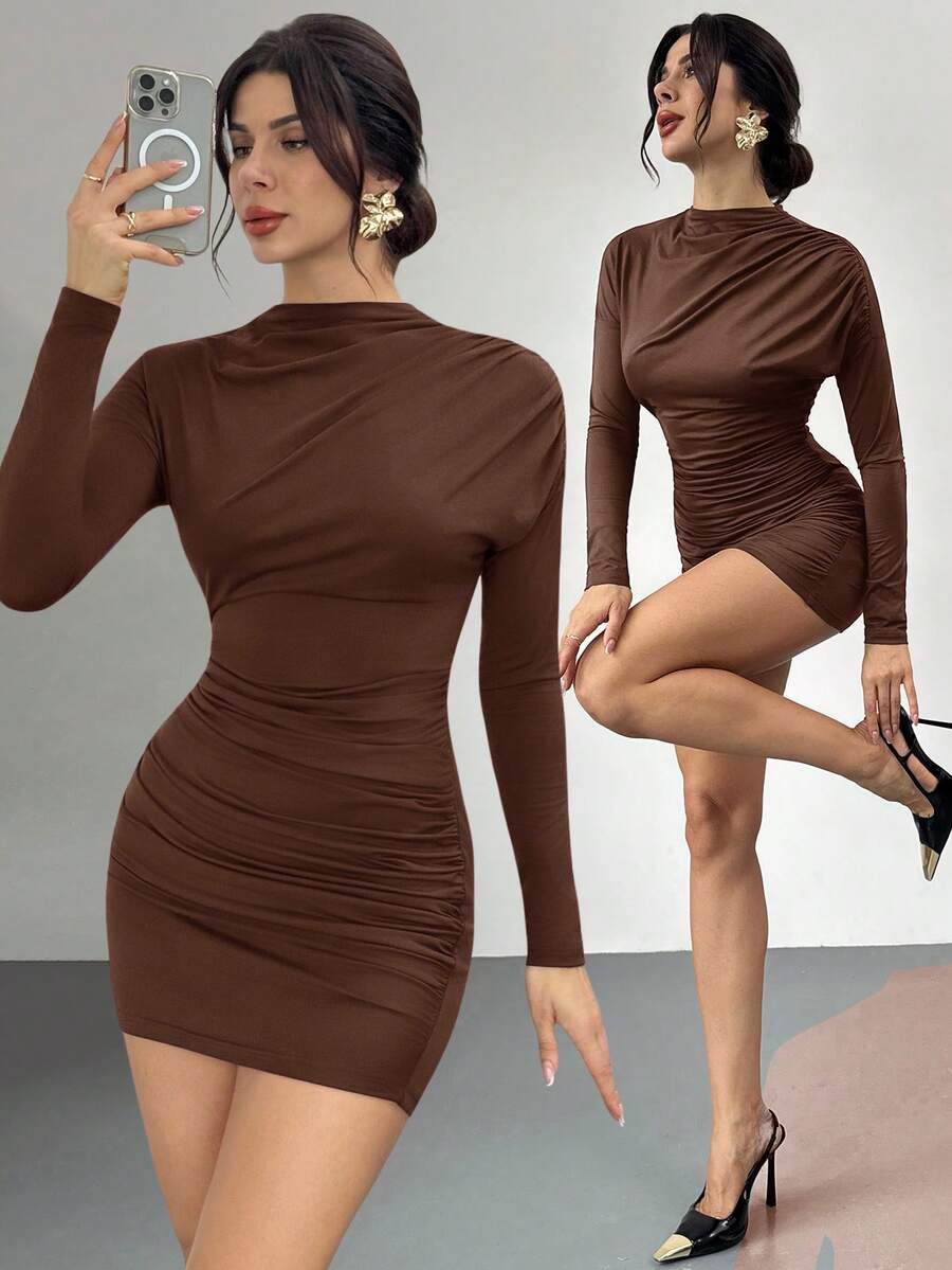 Firerie Vestido mini de manga larga con pliegues de unicolor elegante para mujer - Marrón - Ver 1