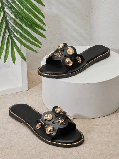 SHUZIA #CoastalChic Women's Round Toe Gold Seashell & Starfish Decor&Studded Trim Vegan Leather Black Flat Slide Sandals–Vacation-Ready, Elegant & Comfortable.