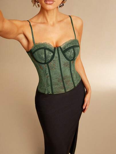 Silquee Vintage Green Flocked Printed Fishbone Bustier, Solid Color Bra Top For Women, Lace Tight Bra Camisole, Sexy Transparent Lingerie, Fashion, Valentine's Day Sexy, Cute Lace Top, Sexy Club Top, Christmas, Halloween, Night Out, Daily Wear, Party, Date, Nightclub Green Bodysuit Dark Green Top Green Top Women Green Cami Top Corsets Women Tops