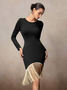 Modelyn Váy dự tiệc sang trọng, viền tua rua - màu đen - Xem 1