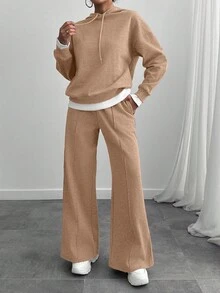 Conjunto de dos piezas de sudadera y pantalón de chándal oversize de color gris jaspeado para mujer - Beis - Ver 4