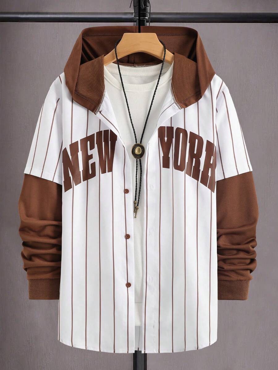 Manfinity Campus Court 男士撞色条纹字母印花连帽长袖衬衫（不规则剪裁） - 咖啡棕 - 查看 1