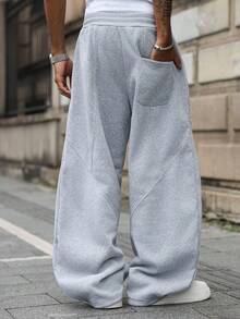 PAVTROS 加大码男士纯色抽绳腰带口袋阔腿休闲运动裤 - 灰色 - 查看 2