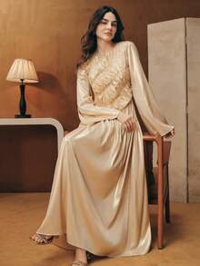 Anewsta Asymmetrical Ruffle Flare Sleeve Dress - Apricot - View 3