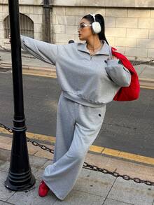 Muchica Plus Size 2pcs Set Embroidered Stand Collar Casual Sports Outerwear, Suitable For Outdoor, Dating, Commuting, Fall /Autumn/Winter/Summer,Christmas,New Year,Thanksgiving,Party,Wedding,Beach,Graduati,Chic,Elegant,Casual,Going Out,Date,Appointment,Commute, - Grey - View 5