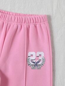 2 件套女童休闲抓绒加州 23 图案长袖运动衫和裤子套装，秋冬 - 黑色 - 查看 4