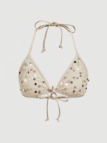 SHEIN MOD 女士亮片装饰挂脖系带泳衣套装 - 杏色 - 查看 10