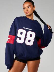 MISSGUIDED 超大圆领卫衣，印有洛杉矶98字样，袖子上有红色星形条纹 - 藍色 - 查看 1