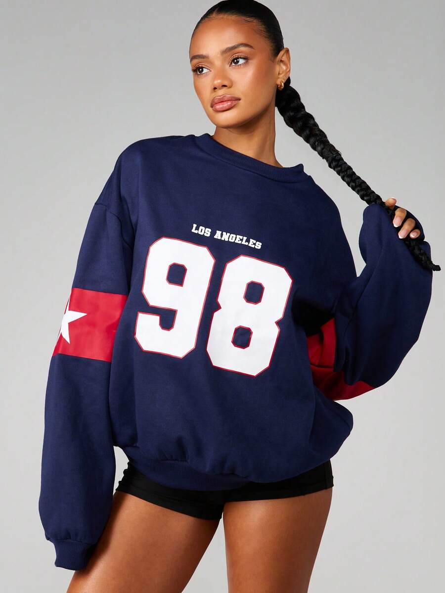 MISSGUIDED 超大圆领卫衣，印有洛杉矶98字样，袖子上有红色星形条纹 - 藍色 - 查看 1
