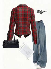 Franclia Red Plaid Contrast Black Embroidered Long Sleeve Shirt, Versatile For Casual, Commute, And Daily Wear - Black - View 2