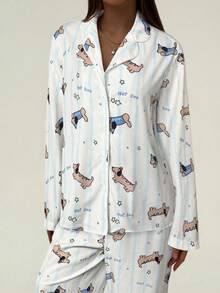 Aloruh 2pcs Women Cartoon Print Long Sleeve Top And Pants Set - Baby Blue - View 7