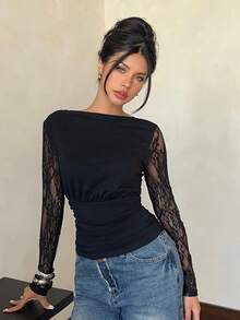 Siren Gaze Áo thun dài tay màu đen trơn, cổ chữ V sâu, viền ren, gợi cảm, thích hợp mặc thường ngày mùa xuân hè, dịp Valentine, kỳ nghỉ xuân, đi chơi, áo cổ xếp, hở lưng, thích hợp cho buổi hẹn hò, lễ hội âm nhạc, tiệc tùng. - màu đen - Xem 3
