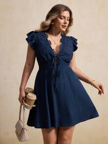 Elegantrix 大码女式短袖蕾丝腰A字优雅连衣裙，法式休闲装，春夏款 - 藏蓝色 - 查看 3