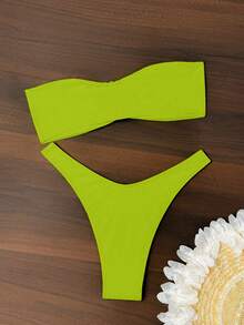 SHEIN Swim 夏季海灘無肩帶露肩露腰霓虹色比基尼泳裝套裝 - 綠色 - 查看 2