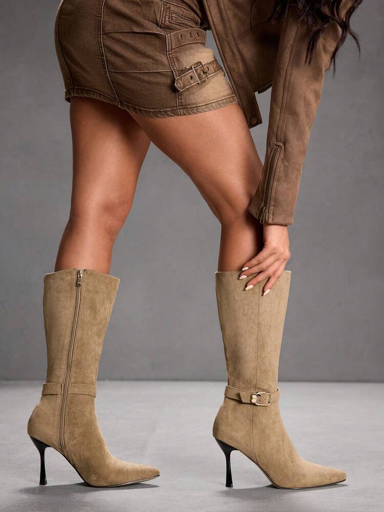 CUCCOO SZL Bottes mi-mollet à talon haut pointues avec boucle métallique classique pour femmes CUCCOO, idéales pour l'hiver et Noël