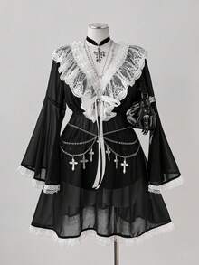 Sunspun 优雅性感浪漫薄纱蕾丝边V领喇叭袖连衣裙，A字裙摆设计，适合春、夏、秋季及约会场合。 - 黑色 - 查看 5